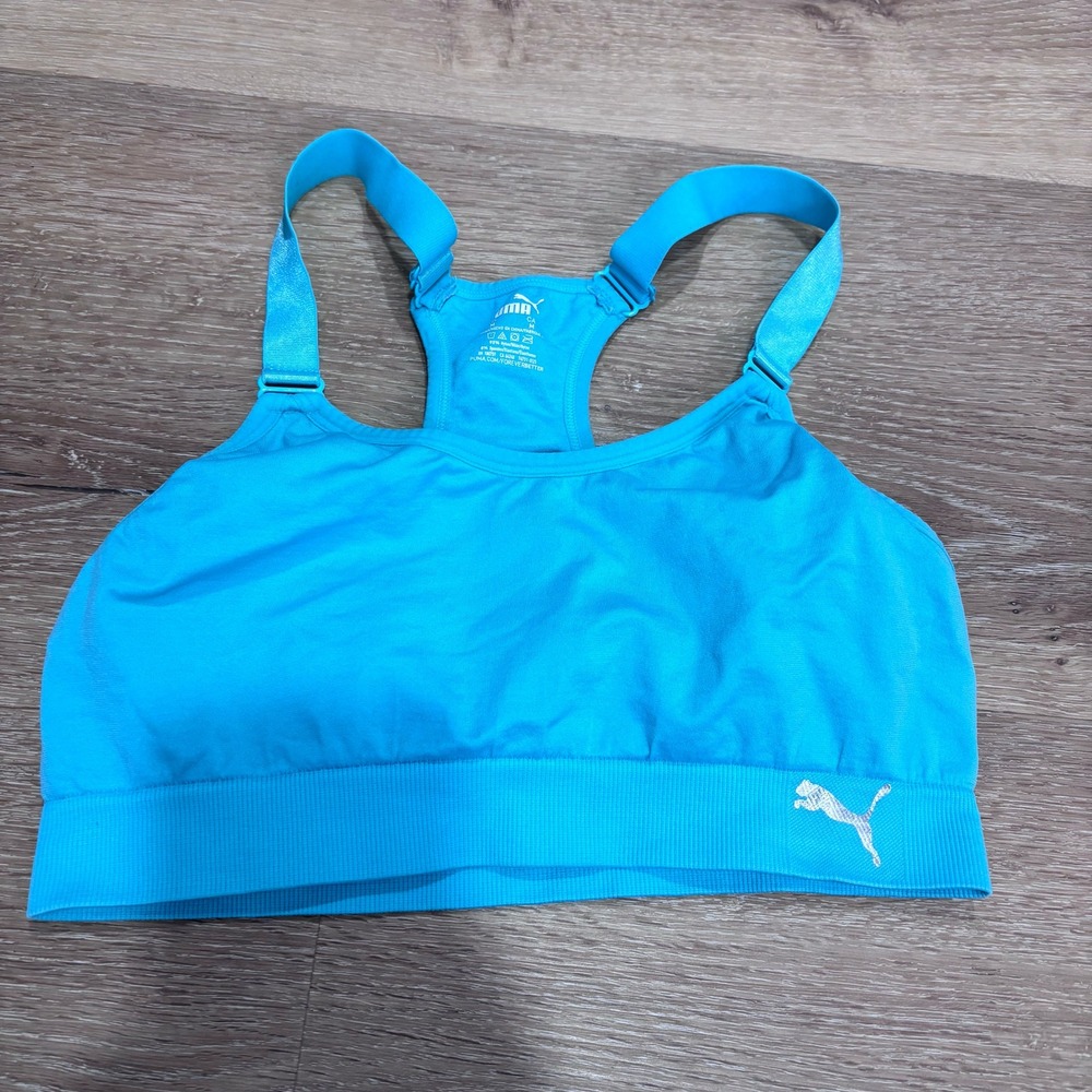 Puma Womens Seamless Racerback Sports Bra Cyan Blue Adjustable Straps Size M